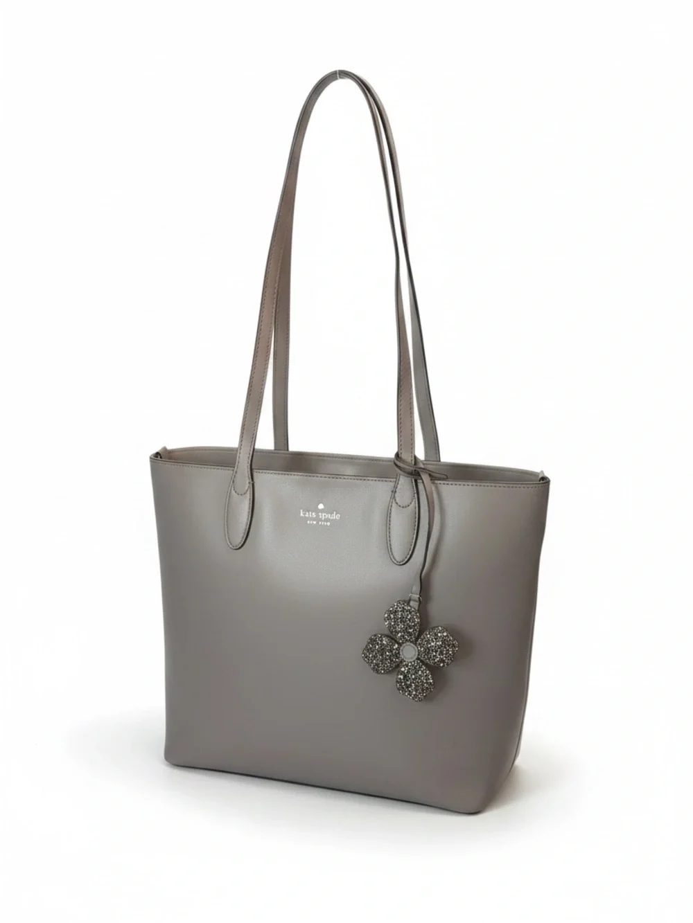 Kate Spade Kerri Medium Tote Bag Grey Leather Shoulder Purse Flower Charm